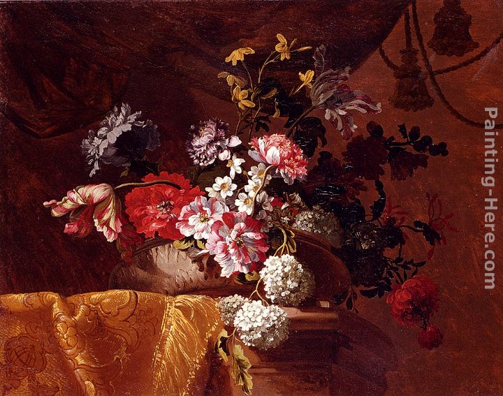Still Life Of Hydrangeas, Convolvuli, Peonies And Other Flowers In An Urn On A Draped Stone Ledge painting - Jean-Baptiste Monnoyer Still Life Of Hydrangeas, Convolvuli, Peonies And Other Flowers In An Urn On A Draped Stone Ledge art painting